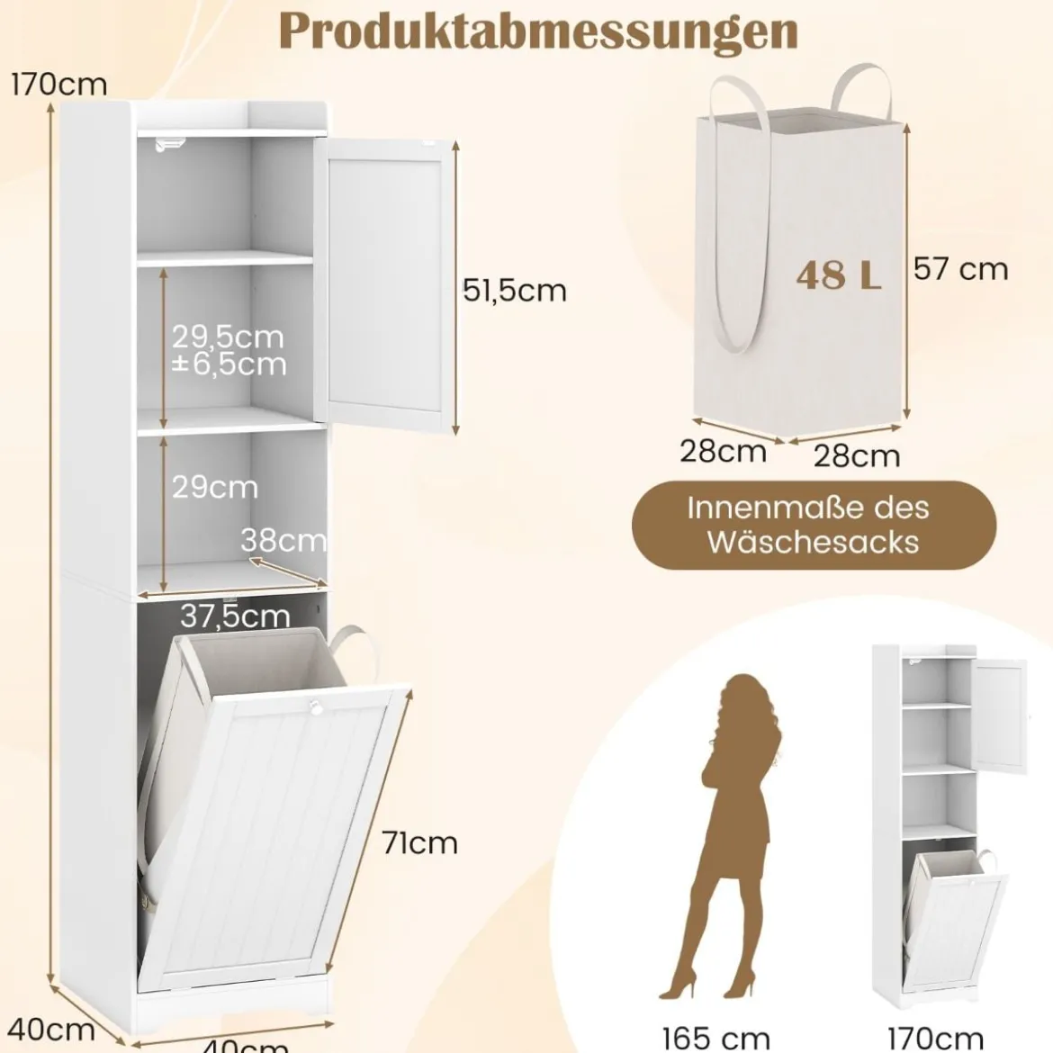 170 cm Badezimmerschrank hoher & schlanker Wäscheturm mit Stauraum verstellbares Regal Wäschesack Weiß