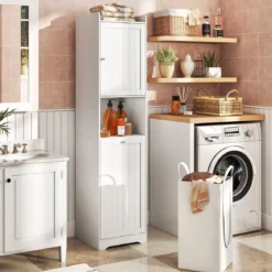 170 cm Badezimmerschrank hoher & schlanker Wäscheturm mit Stauraum verstellbares Regal Wäschesack Weiß