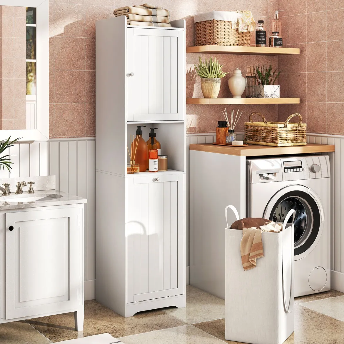 170 cm Badezimmerschrank hoher & schlanker Wäscheturm mit Stauraum verstellbares Regal Wäschesack Weiß