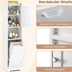 170 cm Badezimmerschrank hoher & schlanker Wäscheturm mit Stauraum verstellbares Regal Wäschesack Weiß