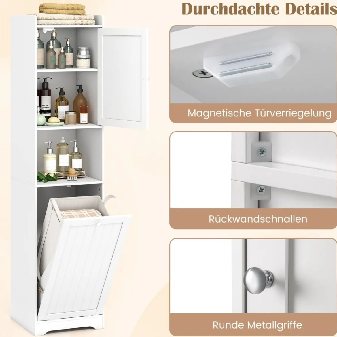 170 cm Badezimmerschrank hoher & schlanker Wäscheturm mit Stauraum verstellbares Regal Wäschesack Weiß