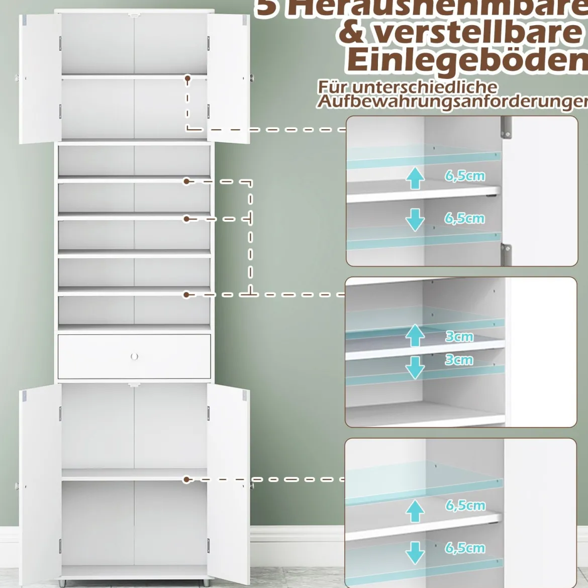180 cm Badezimmerschrank mit Schublade & Türen & Verstellbaren Regalen Bodenschrank Weiß