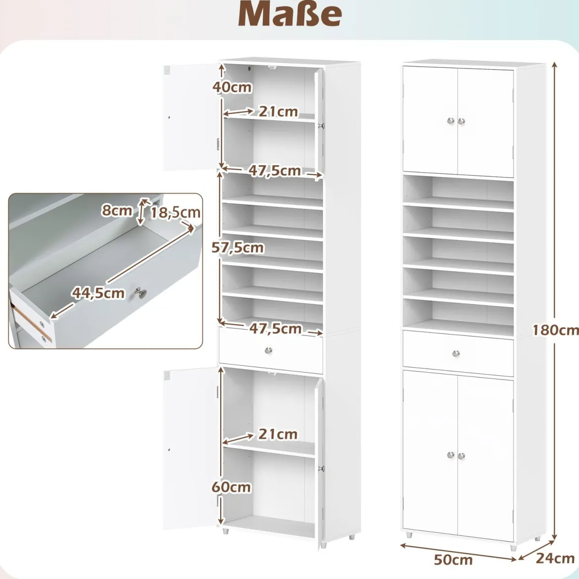 180 cm Badezimmerschrank mit Schublade & Türen & Verstellbaren Regalen Bodenschrank Weiß