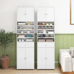 180 cm Badezimmerschrank mit Schublade & Türen & Verstellbaren Regalen Bodenschrank Weiß