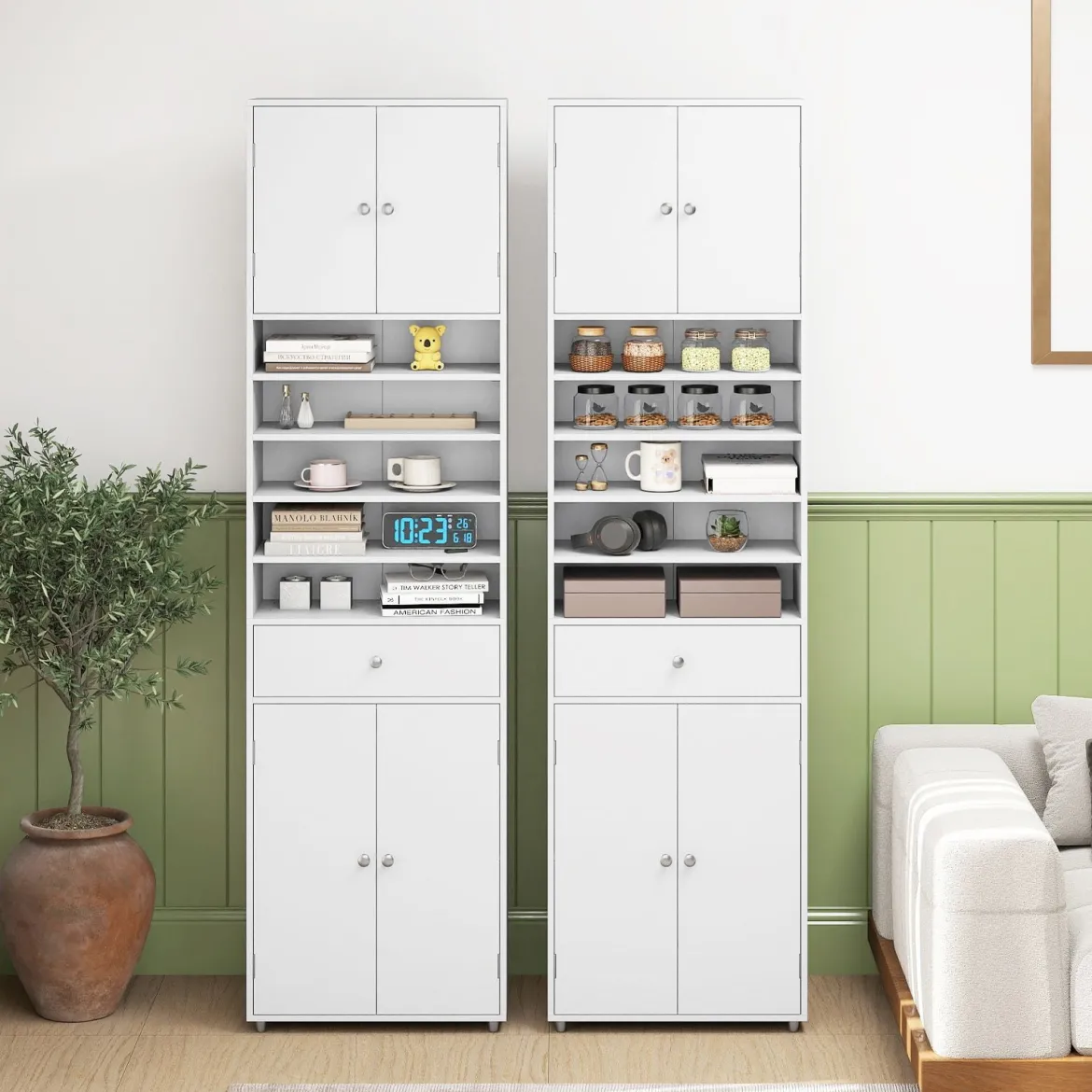 180 cm Badezimmerschrank mit Schublade & Türen & Verstellbaren Regalen Bodenschrank Weiß