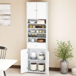 180 cm Badezimmerschrank mit Schublade & Türen & Verstellbaren Regalen Bodenschrank Weiß