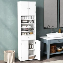180 cm Badezimmerschrank mit Schublade & Türen & Verstellbaren Regalen Bodenschrank Weiß