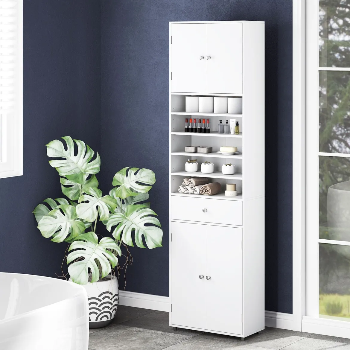 180 cm Badezimmerschrank mit Schublade & Türen & Verstellbaren Regalen Bodenschrank Weiß
