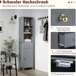 172 cm Badezimmerschrank schmaler Badschrank mit 3 offenen Regalen 1 Schublade 1 Tür Grau