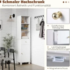 172 cm Badezimmerschrank schmaler Badschrank mit 3 offenen Regalen 1 Schublade 1 Tür & verstellbarem Regal Weiß