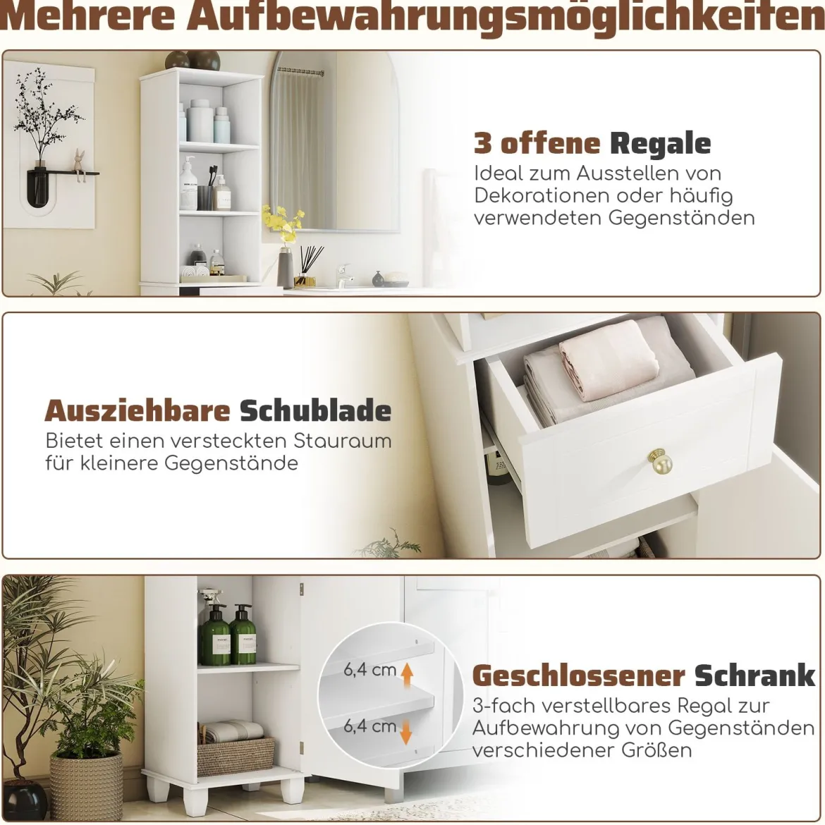 172 cm Badezimmerschrank schmaler Badschrank mit 3 offenen Regalen 1 Schublade 1 Tür & verstellbarem Regal Weiß