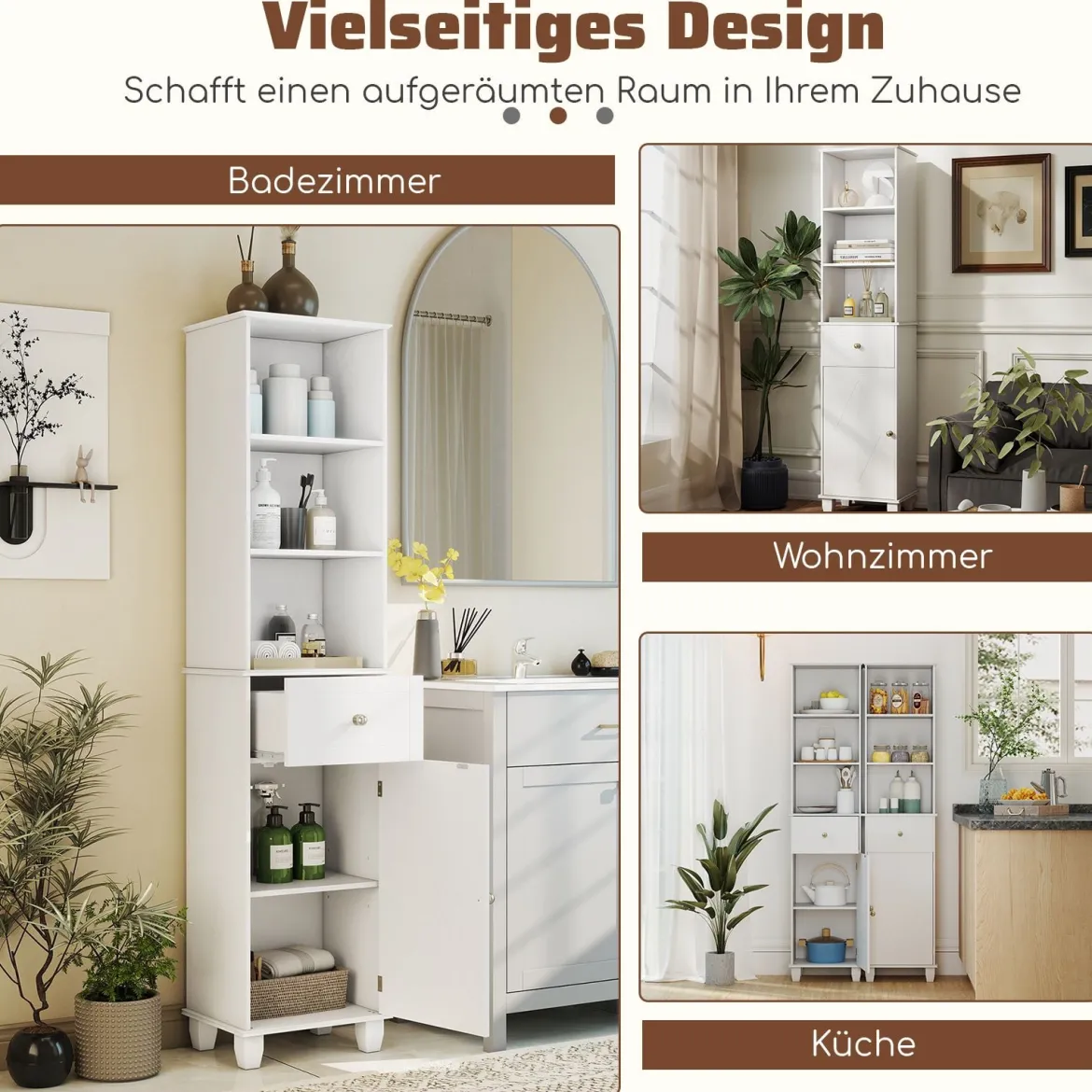 172 cm Badezimmerschrank schmaler Badschrank mit 3 offenen Regalen 1 Schublade 1 Tür & verstellbarem Regal Weiß