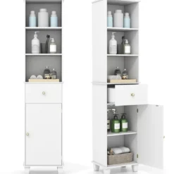 172 cm Badezimmerschrank schmaler Badschrank mit 3 offenen Regalen 1 Schublade 1 Tür & verstellbarem Regal Weiß