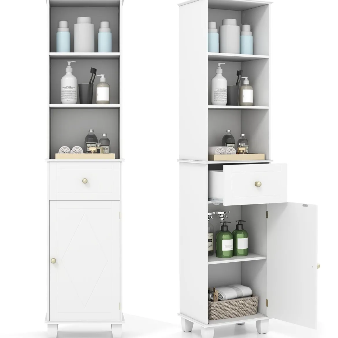 172 cm Badezimmerschrank schmaler Badschrank mit 3 offenen Regalen 1 Schublade 1 Tür & verstellbarem Regal Weiß