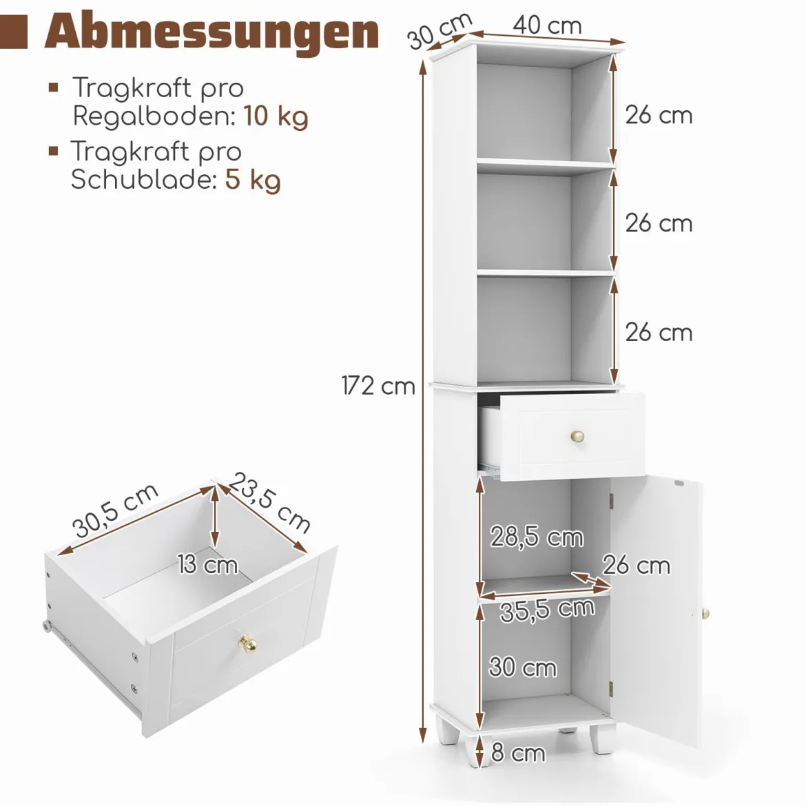 172 cm Badezimmerschrank schmaler Badschrank mit 3 offenen Regalen 1 Schublade 1 Tür & verstellbarem Regal Weiß