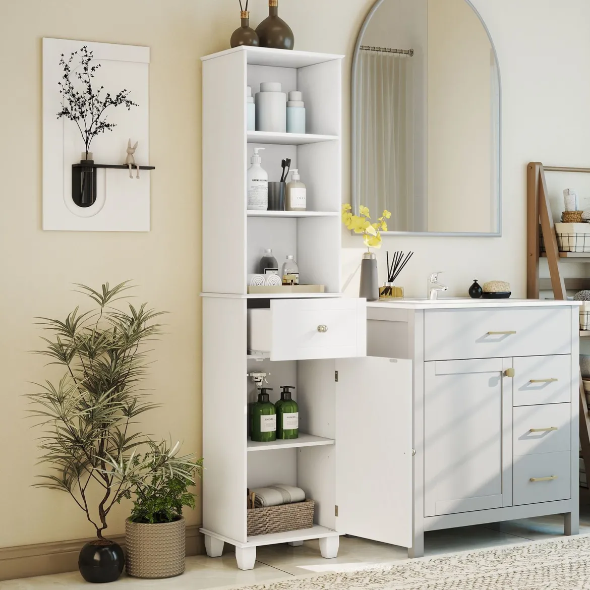 172 cm Badezimmerschrank schmaler Badschrank mit 3 offenen Regalen 1 Schublade 1 Tür & verstellbarem Regal Weiß