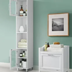 180 cm Badezimmerschrank Schmaler Turmschrank mit 2 Ablagen Weiß