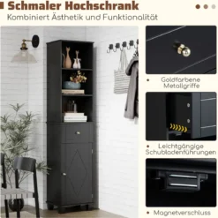 172 cm Badezimmerschrank schmaler Badschrank mit 3 offenen Regalen 1 Schublade 1 Tür Schwarz