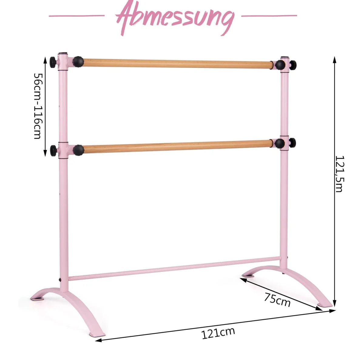 120cm Ballettstange freistehend Ballet Bar 4 stufig höhenverstellbar Ballett Barre mit 2 Holzstangen Rosa