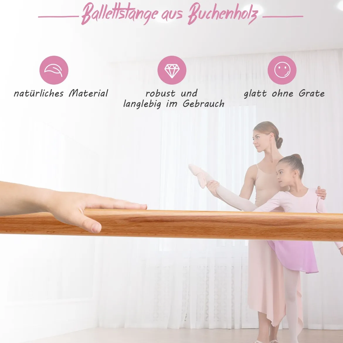 120cm Ballettstange freistehend Ballet Bar 4 stufig höhenverstellbar Ballett Barre mit 2 Holzstangen Rosa