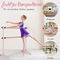 120cm Ballettstange freistehend Ballet Bar 4 stufig höhenverstellbar Ballett Barre mit 2 Holzstangen Rosa