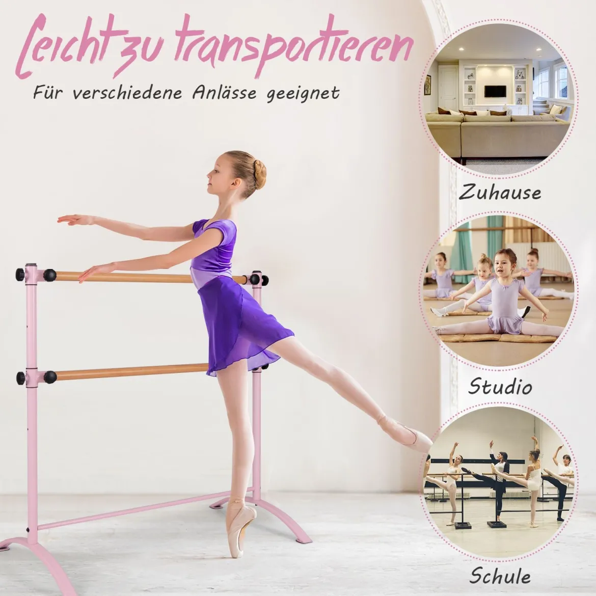 120cm Ballettstange freistehend Ballet Bar 4 stufig höhenverstellbar Ballett Barre mit 2 Holzstangen Rosa