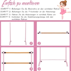 120cm Ballettstange freistehend Ballet Bar 4 stufig höhenverstellbar Ballett Barre mit 2 Holzstangen Rosa