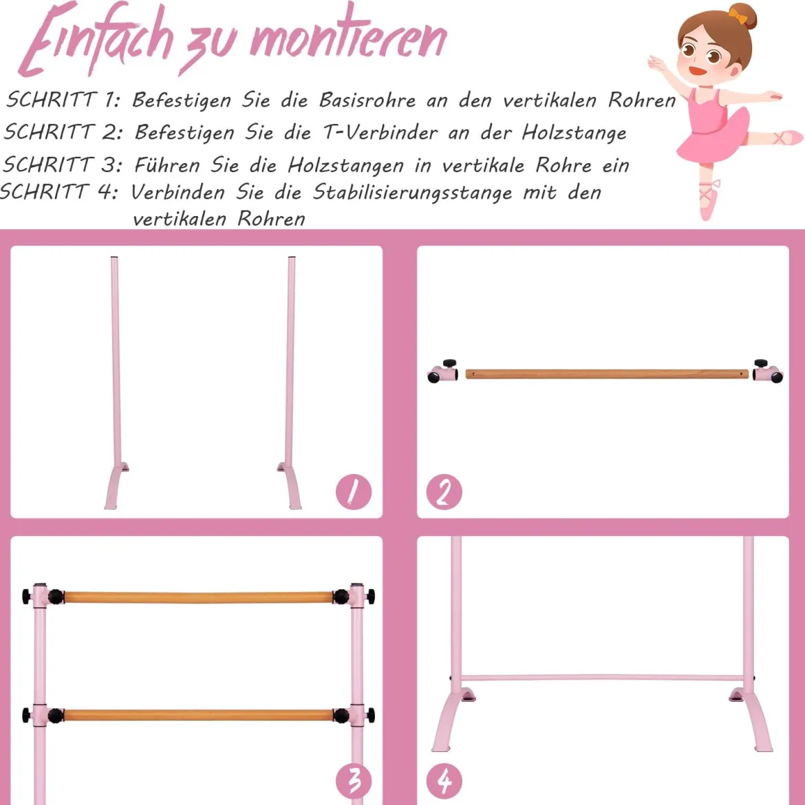 120cm Ballettstange freistehend Ballet Bar 4 stufig höhenverstellbar Ballett Barre mit 2 Holzstangen Rosa