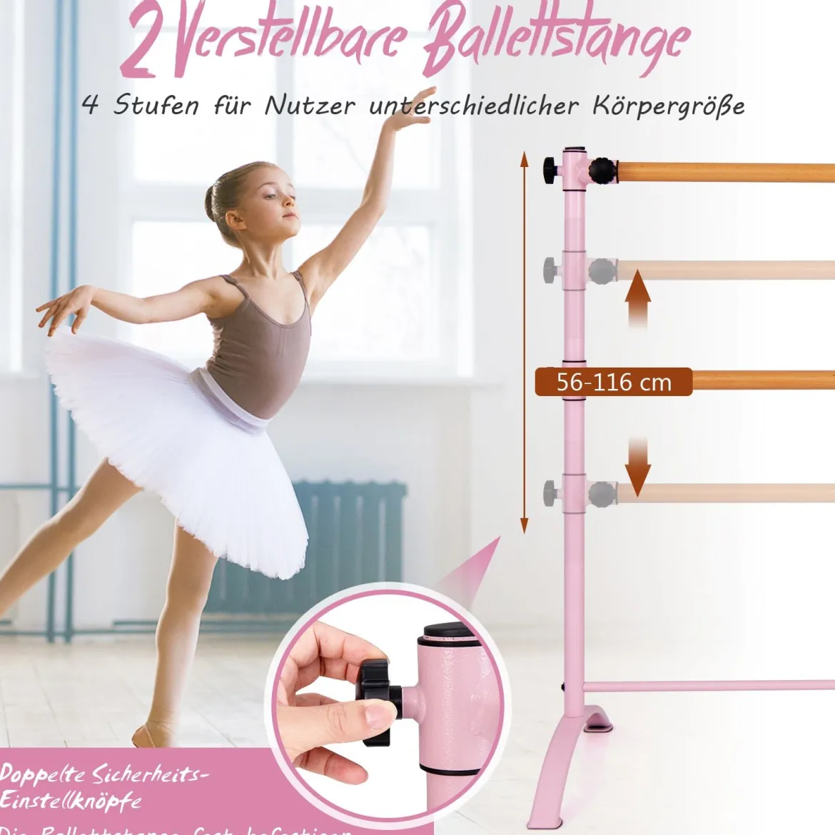 120cm Ballettstange freistehend Ballet Bar 4 stufig höhenverstellbar Ballett Barre mit 2 Holzstangen Rosa