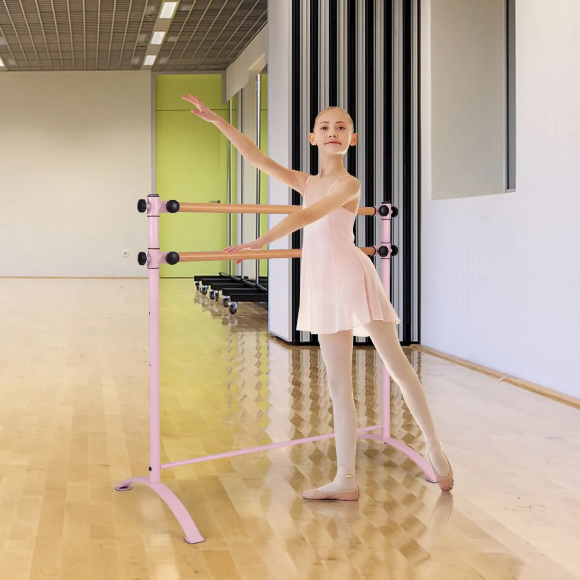 120cm Ballettstange freistehend Ballet Bar 4 stufig höhenverstellbar Ballett Barre mit 2 Holzstangen Rosa