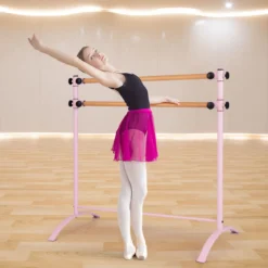 120cm Ballettstange freistehend Ballet Bar 4 stufig höhenverstellbar Ballett Barre mit 2 Holzstangen Rosa