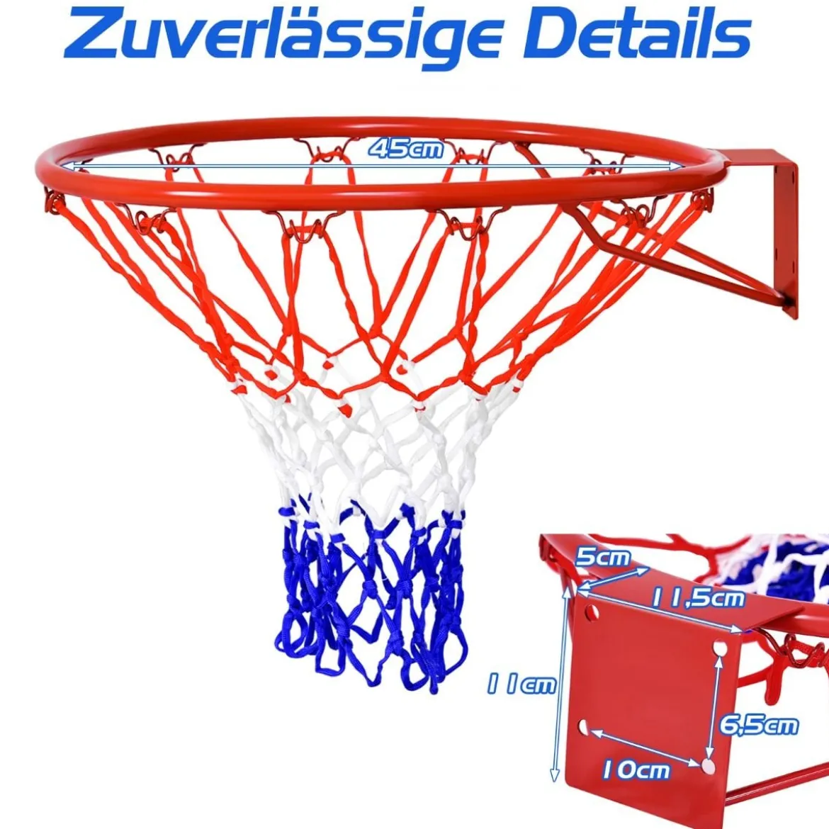 Ø 45 cm Basketball-Korb und Netz Basketballkorb mit Netz für In- und Outdoor Rot + Weiß + Blau