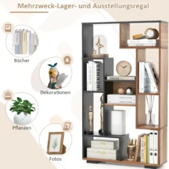 120cm Bücherregal mit 9 Fächern Standregal Raumteiler geometrisch Schwarz und Holz