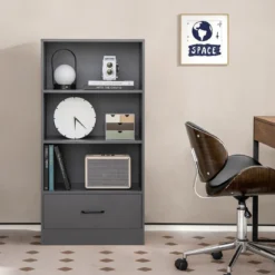 120 cm Bücherregal mit Schubladen 4 Ebenen Lagerregal aus Holz Standregal 60 x 38 x 120 cm Grau