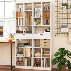 180cm Bücherregal mit Schublade Standregal mit 10 offenen Fächern freistehendes Präsentationsregal mit Kippschutz-Kits Weiß