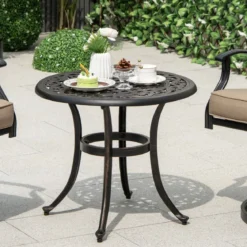 Ø 60 cm Beistelltisch aus Aluminiumguss mit Verstellbaren Fußpolstern Runder Balkontisch