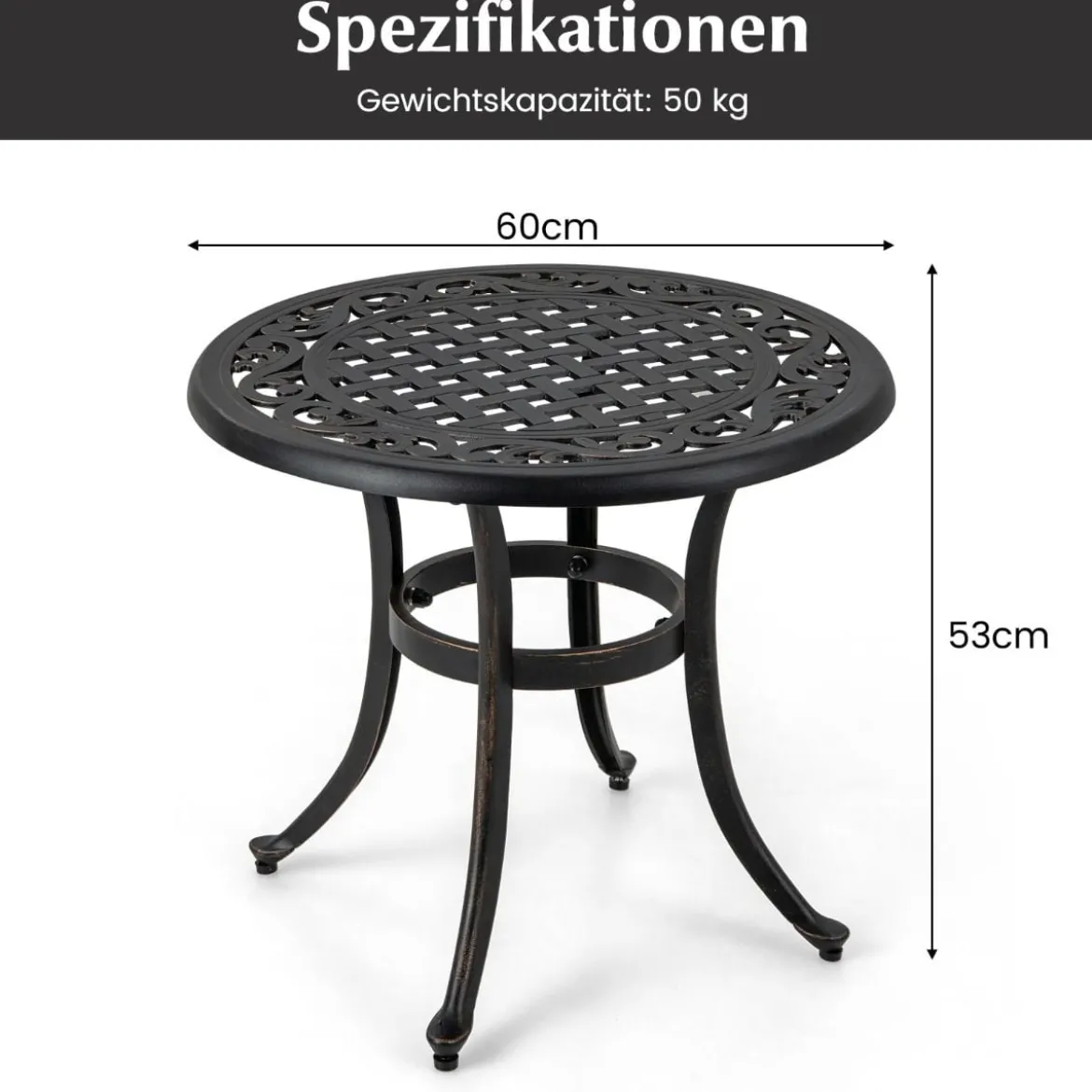 Ø 60 cm Beistelltisch aus Aluminiumguss mit Verstellbaren Fußpolstern Runder Balkontisch