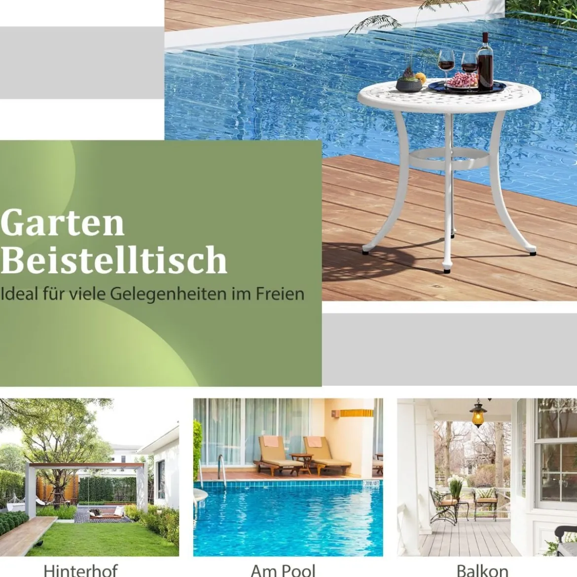 Ø 60 cm Beistelltisch aus Aluminiumguss mit Verstellbaren Fußpolstern Runder Balkontisch