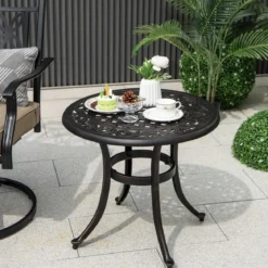 Ø 60 cm Beistelltisch aus Aluminiumguss mit Verstellbaren Fußpolstern Runder Balkontisch