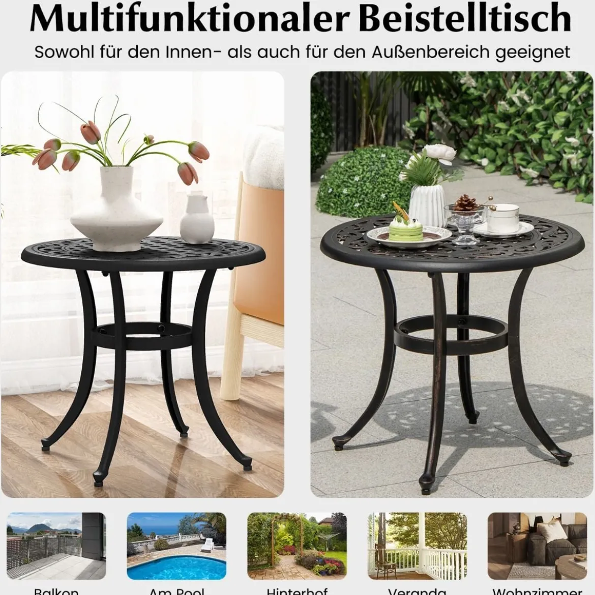 Ø 60 cm Beistelltisch aus Aluminiumguss mit Verstellbaren Fußpolstern Runder Balkontisch