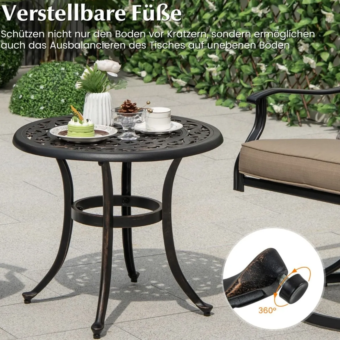 Ø 60 cm Beistelltisch aus Aluminiumguss mit Verstellbaren Fußpolstern Runder Balkontisch