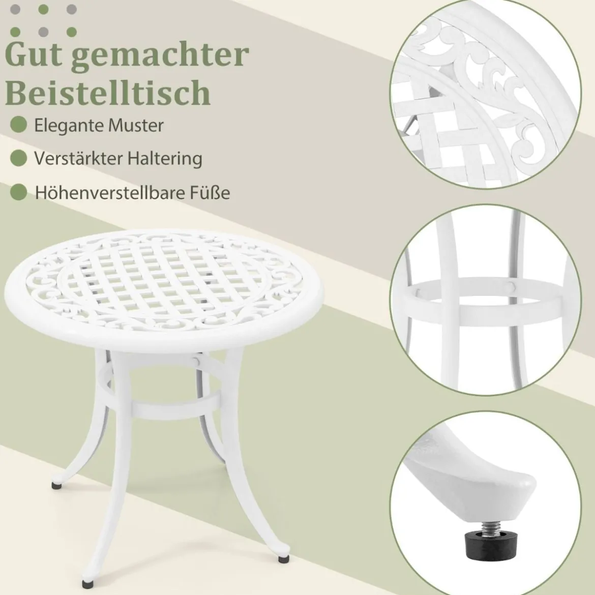 Ø 60 cm Beistelltisch aus Aluminiumguss mit Verstellbaren Fußpolstern Runder Balkontisch