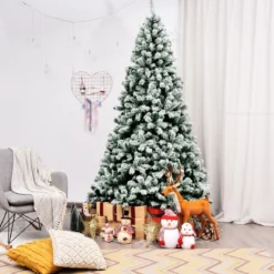225 cm beleuchteter schneebedeckter Weihnachtsbaum mit klappbarer Metallständer Grün + Weiß