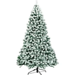 225 cm beleuchteter schneebedeckter Weihnachtsbaum mit klappbarer Metallständer Grün + Weiß