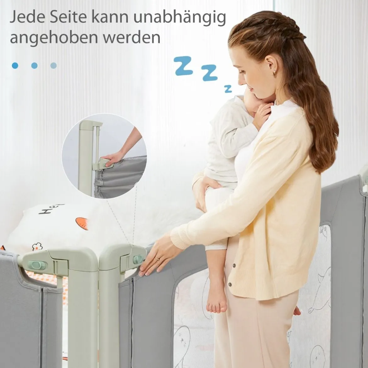 150 cm Bettgitter Höhenverstellbar Bettschutzgitter mit Verbindungszubehör Grau