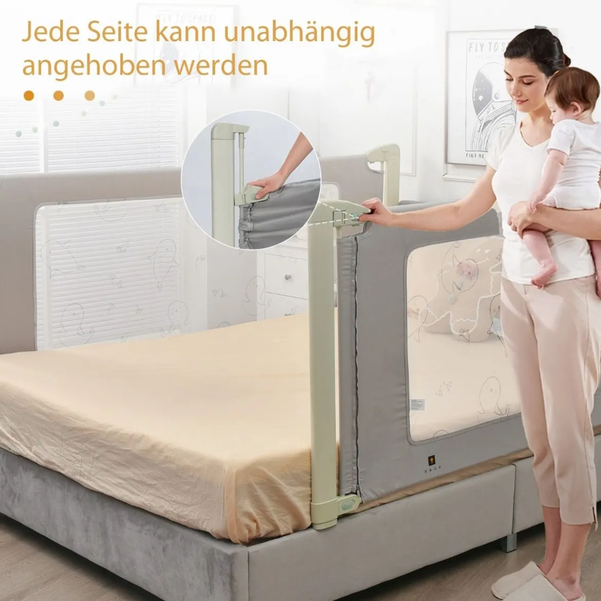 150 cm Bettgitter Höhenverstellbar Bettschutzgitter mit Verbindungszubehör Grau
