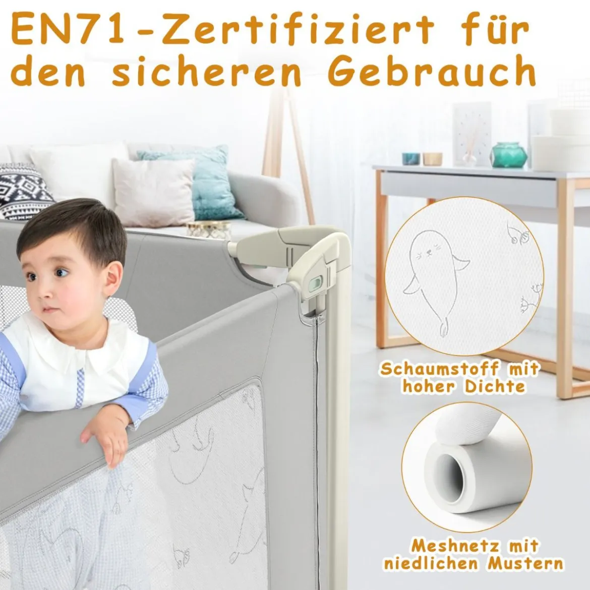 150 cm Bettgitter Höhenverstellbar Bettschutzgitter mit Verbindungszubehör Grau