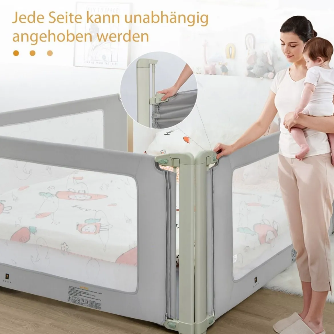 180 cm Bettgitter Höhenverstellbar Bettschutzgitter mit Verbindungszubehör Grau