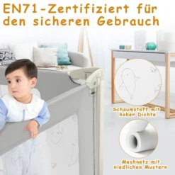 180 cm Bettgitter Höhenverstellbar Bettschutzgitter mit Verbindungszubehör Grau