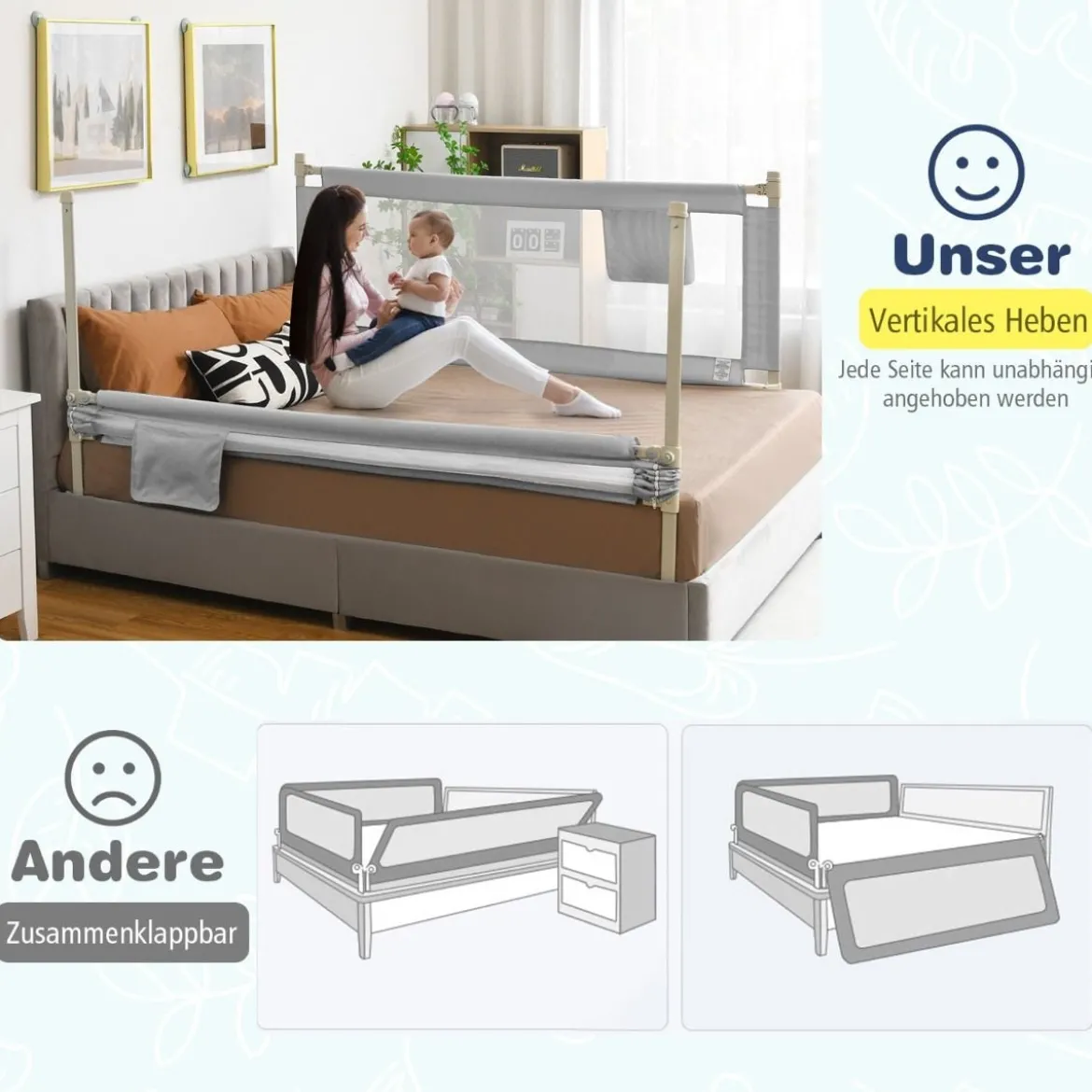 175 cm Bettgitter mit 24 Einstellbare Höhen & Seitentasche Bettschutzgitter Grau